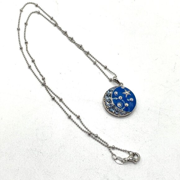 Celestial Stars Moons .925 Sterling Blue Enamel CZ Pendant Necklace 10" Drop - Picture 4 of 8